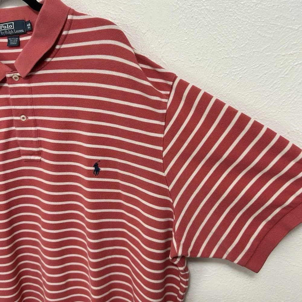 VTG Polo Ralph Lauren Shirt Men's‎ Short Sleeve Pink White Striped Sz 4XB Preppy